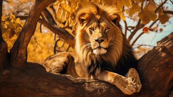 ai genererad lejon vilar i de skugga av träd, majestätiskt undersökande hans territorium foto
