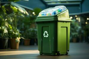 ai genererad grön initiativ återvinning bin slingor de närvaro av plast skräp foto