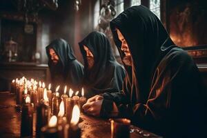 ai genererad ritual av medeltida präster med ljus i de tempel. neuralt nätverk ai genererad foto