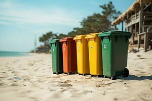 ai genererad miljö- vård fyra plast behållare för sopor sortering på strand foto