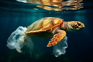 ai genererad miljö- svår situation plast väska förorening skadar hav liv och ekosystem foto
