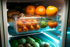 ai genererad kulinariska bekvämlighet extrahera en mat behållare från de kylskåp för lätt tillgång ai genererad foto