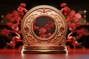 ai genererad elegant 3d podium kinesisk ny år, festivaler, mitten höst, röd guld tema foto