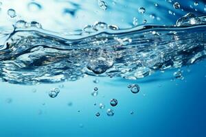 ai genererad bubblor och blänkande vatten på en lugn blå vatten bakgrund foto