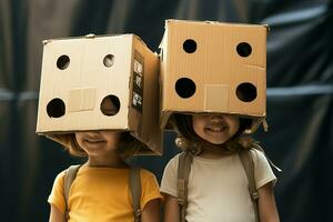 ai genererad fantasifull spela två liten flickor med kartong lådor som huvudbonader foto