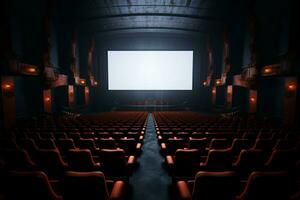 ai genererad filmiska förväntan film teater med en tom, inbjudande skärm foto