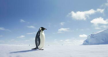 ai genererad pingvin stående i antarctica ser in i de blå himmel. ai genererad foto