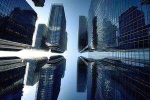 ai genererad reflekterande skyskrapor, företag kontor byggnader. ai genererad foto