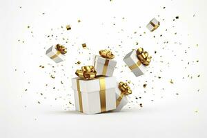 ai genererad glad ny år och glad jul 2024 vit gåva lådor med gyllene bågar och guld paljetter konfetti på vit bakgrund. ai genererad foto