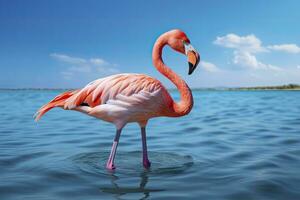 ai genererad rosa flamingo i de vatten. ai genererad foto