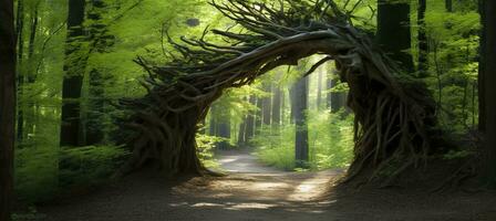 ai genererad naturlig archway formad förbi grenar i de skog. ai genererad foto