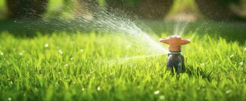 ai genererad automatisk trädgård gräsmatta sprinkler i verkan vattning gräs. ai genererad foto