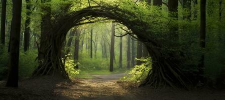 ai genererad naturlig archway formad förbi grenar i de skog. ai genererad foto