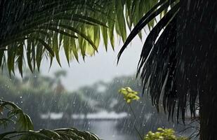 ai genererad regn i de tropikerna under de låg säsong eller monsun säsong. regndroppar i en trädgård. generativ ai foto