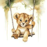 ai genererad söt Lycklig bebis lejon på gungor bifogad till de träd i vattenfärg stil. ai genererad foto