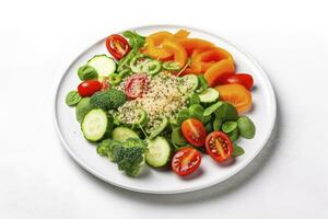 ai genererad sallad med quinoa, spenat, broccoli, tomater, gurkor och morötter. ai genererad foto