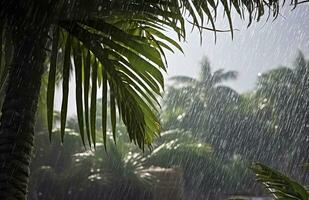 ai genererad regn i de tropikerna under de låg säsong eller monsun säsong. regndroppar i en trädgård. generativ ai foto