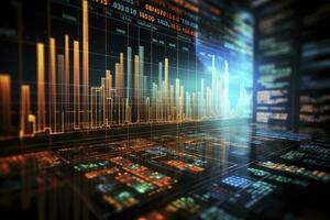 ai genererad digitalt genererad valuta och utbyta stock Diagram för finansiera och ekonomi baserad dator programvara och kodning visa. ai genererad foto