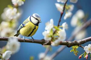 ai genererad en bluetit fågel vilar på de gren av en träd. ai genererad. foto