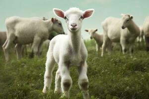 ai genererad vit lamm i en fält i främre av Övrig djur. generativ ai foto