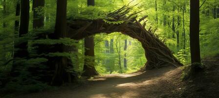 ai genererad naturlig archway formad förbi grenar i de skog. ai genererad foto