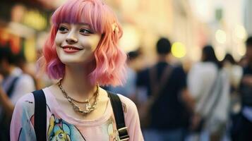 ai genererad vibrerande kvinna med rosa hår och peruk foto