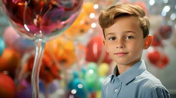 ai genererad ung pojke med färgrik ballonger foto