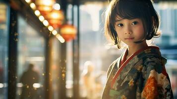 ai genererad liten flicka i kimono foto