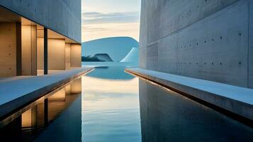 ai genererad stor kropp av vatten reflekterande en majestätisk byggnad foto