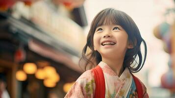ai genererad ung flicka i kimono leende foto