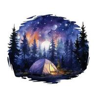 ai genererad en camping tält i de skog med natt himmel, vattenfärg för t-shirt design. ai genererad foto