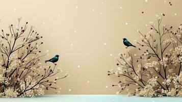ai genererad minimalistisk vinter- bakgrund i beige nyanser med tunn grenar och blommor. hög kvalitet Foto