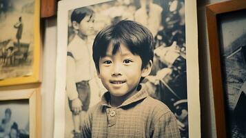 ai genererad en fängslande svart och vit porträtt av en ung pojke foto