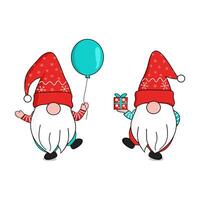 söt två Lycklig nisser i röd snöflingor santa klausul hatt stående på ett fot innehav gåva låda och flytande ballong. hälsning fira jul och ny år. foto