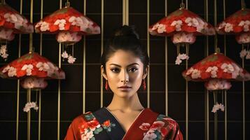 ai genererad kvinna i kimono poserade i främre av röd och vit vägg foto