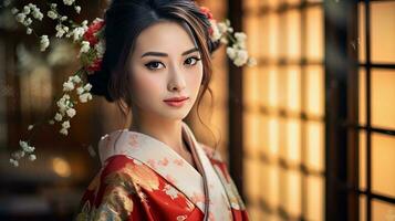 ai genererad kvinna i kimono Utsmyckad med blommig hår Tillbehör foto