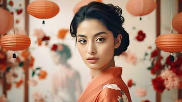 ai genererad kvinna i orange kimono poser innan vägg Utsmyckad med papper lyktor foto