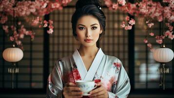 ai genererad en kvinna i en kimono försiktigt innehav en traditionell te kopp foto