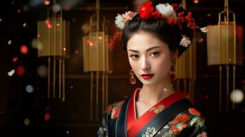 ai genererad en kvinna i en kimono med blommig prydnader i henne hår foto