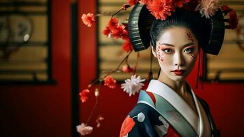 ai genererad elegant kvinna i kimono Utsmyckad med blommig hår Tillbehör foto