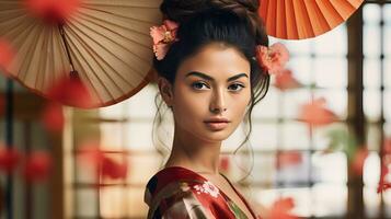 ai genererad kvinna i traditionell kimono innehav parasoll foto