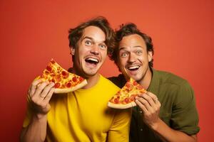 ai genererad ung leende Lycklig vänner grupp har pizza isolerat på gul bakgrund studio porträtt. foto