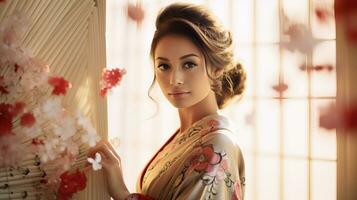 ai genererad kvinna i kimono innehav bukett av blommor foto