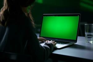 ai genererad en kvinnor arbetssätt på de bärbar dator med grön skärm foto