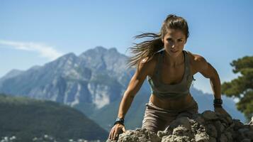 ai genererad en sportig kvinna klättrande dynamiskt över en sten i de bergen foto