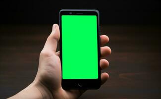 ai genererad subjektiv se av en hand innehav en mobil telefon med grönskärm för ändring de visa innehåll foto