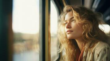 ai genererad kvinna på en tåg ser genom de fönster, resa begrepp foto