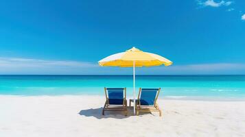 ai genererad skön strand baner. vit sand, stolar och paraply resa turism bred panorama bakgrund foto