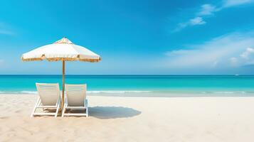 ai genererad skön strand baner. vit sand, stolar och paraply resa turism bred panorama bakgrund foto