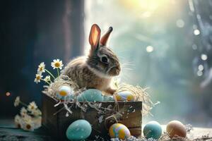 ai genererad Lycklig påsk, förtjusande påsk kanin med påsk ägg, färgrik påsk ägg, baner och tapet foto